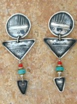 TABRA CIRCLE AND TRIANGLE TURQOISE AND CORAL EARRINGS ON POSTS