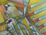 HEIDI MAYFIELD " TWO SPARROWS " ORIGINAL MIXED MEDIA PAINTING