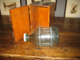 ANTIQUE GLASS MINNOW TRAP IN CARVED WOODEN BOX